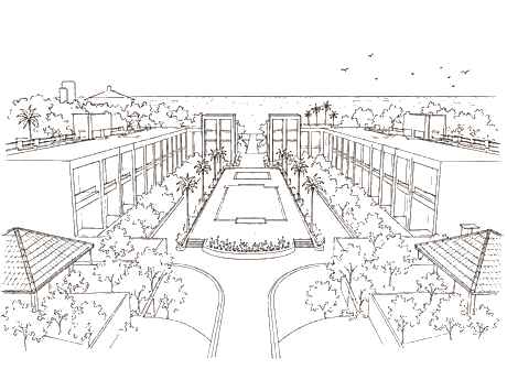 A pencil sketch of The Shore Trishvam: two long colonnaded buildings facing each other across a pool, with a path leading out to the sea.